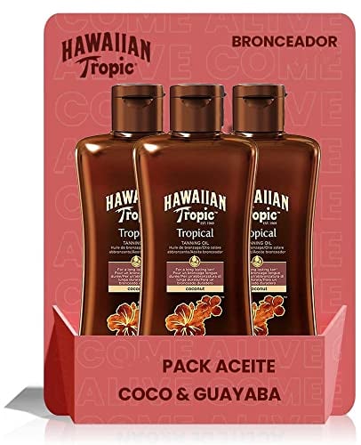 HAWAIIAN Tropic Aceite Solar SPF 0 - Glowing Oil Aceite Bronceador Solar Sin Protección, acelerador del bronceado Fragancia Tropical - 200 ml (Paquete de 3)