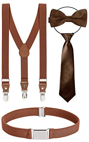 BomGuard 4er Set, Kinder-Hosenträger + Fliege + Krawatte + Gürtel, braun