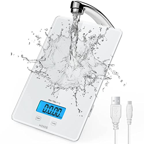 KOIOS - Báscula de alimentos recargable USB, 15 kg, peso digital en gramos y oz para cocina, graduación precisa de 1 g, vidrio templado impermeable, 6 unidades de peso, función de tara