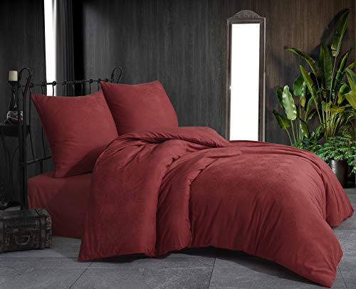 Damast Jacquard Mako Satin Bettwäsche Bettgarnitur Set Bettdeckenbezug 100% Baumwolle Qualität mit Reißverschluss Kopfkissenbezug 80x80 cm Oeko-TEX (Damask Rot, 220 x 240 cm)