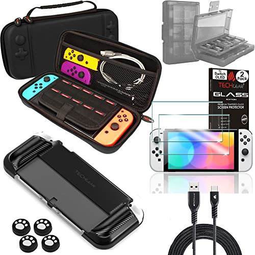 TECHGEAR 10in1 Switch Oled Zubehör Set, Harte Schutzhülle Reise hülle, Sanft Griff hülle, 24 Spielehalter 4x Daumengriff 2x Glas & 2 Meter Kabel, Hülle und Glas Bundle Nintendo Switch Oled
