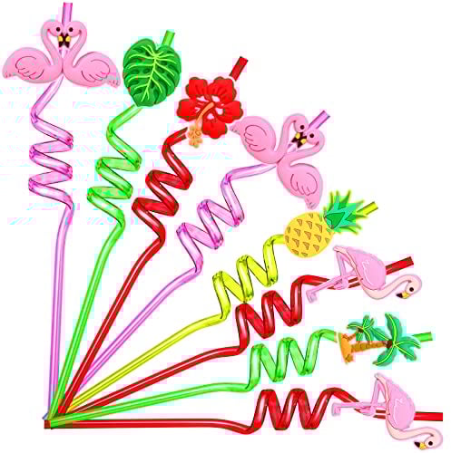Zopeal 24 Pcs Hawaiian Reusable Plastic Straws with 2 Cleaning Brush Luau Theme Straws Flamingo Drinking Aloha Party Favors for Birthday Beach Pool Party Supplies