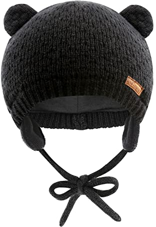 SEYUFN Babymütze, für Jungen und Mädchen, gestrickte Hündchen für Babys und Kleinkinder, mit Fleece-Futter, 0-36 Monate(Schwarz,0-6 Monate)