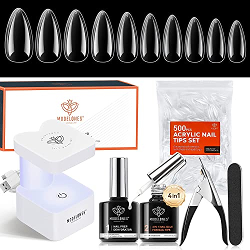 modelones Nail Tips and Glue Gel Kit 500pcs Clear Fake Nails Almond with Prep Dehydrate 4In1 U V/LED Lamp Art Tools Acrylic Extension Set, red, 7.5 millilitre