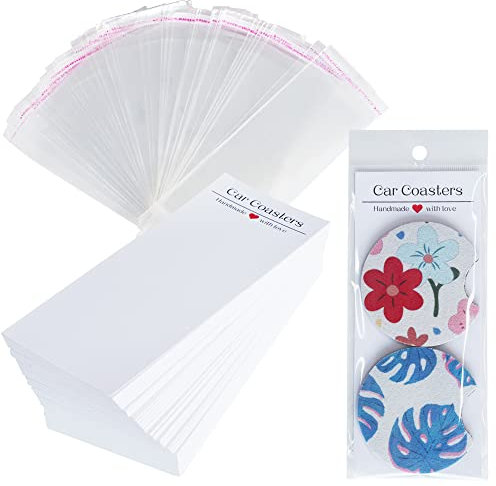 Vcekract 100Pcs Auto Untersetzer Verpackung für Verkauf, Sublimation Rohlinge Auto Untersetzer Karten mit Taschen, Sublimation Auto Untersetzer Display Karten 6.8x2.85In, Heat Press Maschinen Zubehör