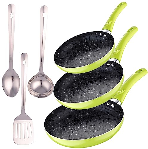 Set 3pc sarten (20+24+28cm) aluminio prensado verde con Set 3 pc utensilios cocina acero inoxidable