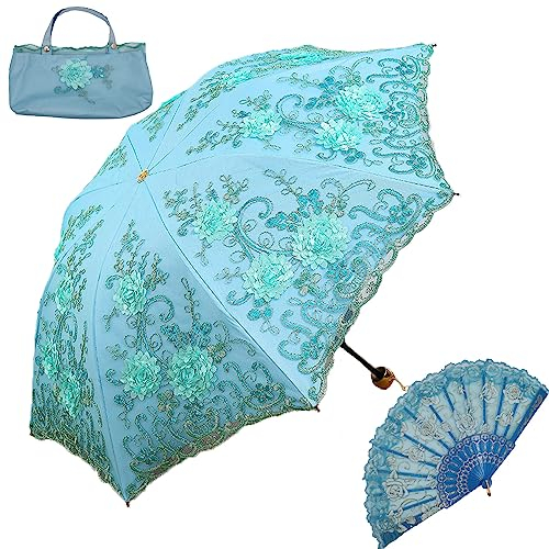 Aikelai Vintage Spitze Regenschirm Damen,3D Blume Regenschirm Sturmfest,Umbrella Windproof,Taschenschirme mit Aufbewahrungstasche (8331-blau)