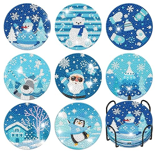 8 Stück Diamond Painting Untersetzer, DIY Weihnachts-Schneemann Schneeflocke Diamant Malerei Untersetzer mit Halter, Wiederverwendbare Küchen Tassenuntersetzer Weihnachten Geschenk