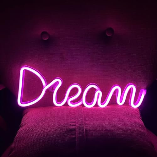 Dream Neon Sign – Lampada da notte illuminata a LED con lettera da sogno, decorazione artistica al neon, alimentazione USB/a batteria (rosa)