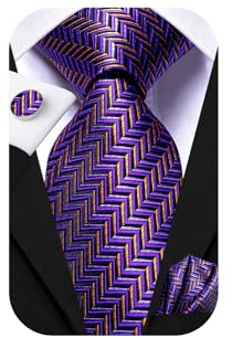 Hi-Tie Herren-Krawatten-Set, extra lang, mit Manschettenknöpfen, Taschentuch für große und große Männer, Business, Hochzeit, 177,8 cm, Violett / goldfarben, Medium