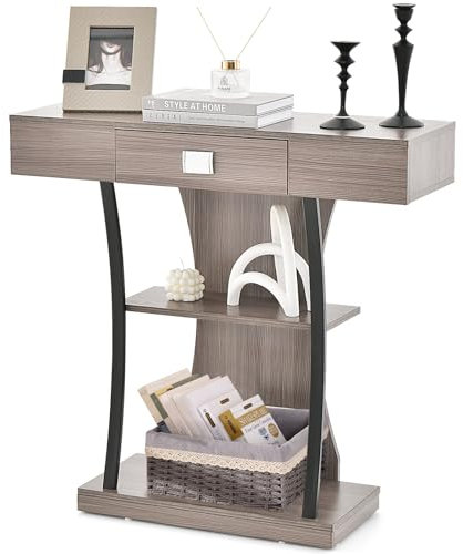 Multigot Console Table, T-Shaped Hallway Sofa Side Table with Drawer, Shelves and Anti-Tipping Kits, Wooden Accent Couch Behind Foyer Table for Entryway Living Room Bedroom (1 Drawer, Grey)