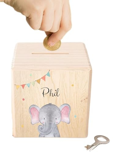 wunderwunsch - Personalisierte Spardose Kinder aus Holz mit Metallschloss - Spardose mit Namen mit kinderfreundlichem UV-Druck zum Sparen für Kinderträume
