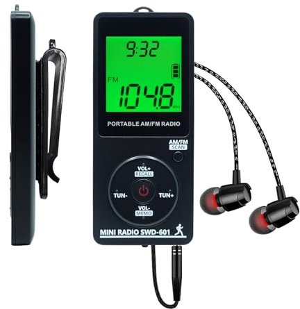 SWDSTP - Mini radio portátil personal AM/FM con pantalla LCD de sintonización digital y tiempo de retroiluminación, radio de bolsillo recargable SWDSTP con auriculares y clip para cinturón para