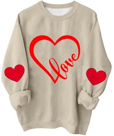 Womens Valentine's Day Costumes Cute Heart Pattern Pullover Tops Round Neck Long Sleeve Casual Loose Blouses Fall Outfits for Women 2023 Women's Valentines Day Sweatshirt khaki 3X-Large