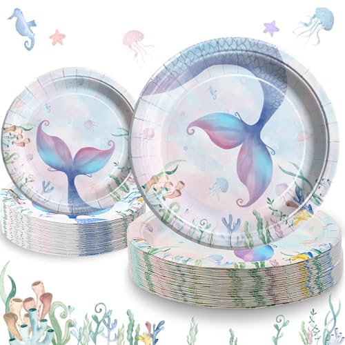 Vajilla Cumpleaños de Sirena 40 Piezas, Platos de Papel 23cm(9inch) and 18cm(7inch) Fiesta de Sirena Infantil, Juego de Platos Desechables para Cumpleaños de Sirena Niña Baby Shower-20 Invitados