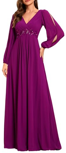 Ever-Pretty Damen Stilvolle Chiffon V-Ausschnitt Applique Plus Size Abendkleider mit Langen Laternenärmeln Lila Rot 42
