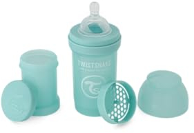 Twistshake Anti-Kolik-Babyflasche mit Milchpulverbehälter und Mixer - 180ml | Brustähnliche Nippel aus Silikon mit mittlerem Durchfluss | BPA-freie Babymilchflasche | Neugeborene (0+) | Neues Türkis