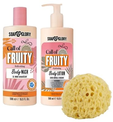 Soap and Glory Call of Fruity Shower Gel Body Wash 500ml and Body Lotion 500ml Bundle with Rainbow Gifts Sponge Set