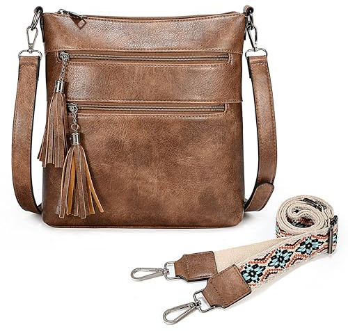 UTO Umhängetasche Damen und Herren Groß Leder mit Quaste Reißverschluss Unisex Messenger Bag Verstellbar Schulter Kunstleder Crossbody PU Leder Schultertasche für Abend Freizeit Lässig Business