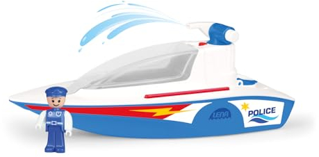 Lena BOAZZ Polizeiboot 36 cm, Spielzeugboot für Indoor und Outdoor, für Kinder ab 2 Jahren, mit Wassertank und Spritzfunktion, in Buntem Schaukarton, Blau