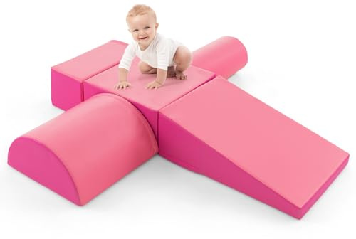 COSTWAY 5 Pieces Baby Climb and Crawl Foam Play Set, Colorful Children's Educational Software Activity Toys, Soft Climbing Blocks for Toddlers, Preschoolers (Rose Pink)