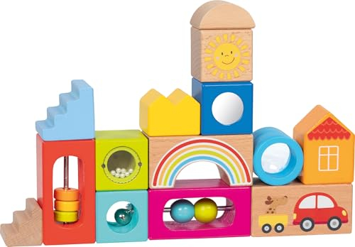 goki 58346 - Entdeckerbausteine aus Holz, Bunte Bausteine mit unterschiedlichen Formen und Farben, sowie mit Kugeln und Perlen, Motorikspielzeug für Kinder, 18 x 18 cm, 14er Set, ab 1 Jahr