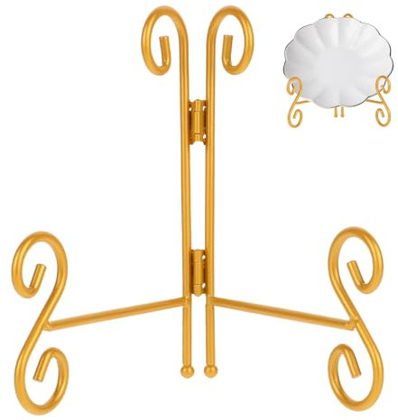 6 Inch Display Plate Holder Gold Plate Stand Plate Holder Decorative Plate Holder for Displaying Platters Folding Display Easel Heavy-Duty Metal Easel Stand for Photo Pictures Books and Round Objects