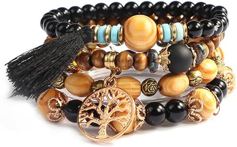 SHUBEIEUMI Boho Holzperlen Armband, 4 Stück Boho Quaste Armband für Damen, Frauen Baum des Lebens Charm Statement Armreifen, Statement Armreifen, Schwarz