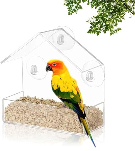Fenster Vogelfutterspender, Acryl Transparent Vogelhaus, Fenster Futterhaus für Vögel, mit 3 Saugnäpfen und Futterkassette, 15 x 15 x 6 cm, für Meisen, Spatzen, Wildvögel