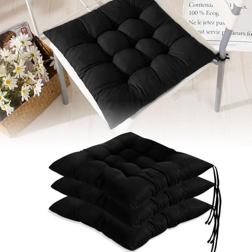 Bocguy Lot de 4 Coussin de Chaise, Galette de Chaise, Coussin de Chaise 40 x 40, avec Ficelles de Maintien, Dessus de Chaise pour Salle à Manger, Salon, L'intérieur, Jardin, Chambre D'études, Noir