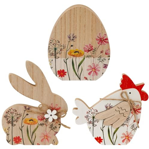 Heyaner 3 X Deko Aufsteller für Ostern Osterei Kaninchen Henne Osterschmuck Osterdekoration aus Holz Osterdeko zum Hinstellen