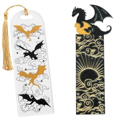 VARKAGE 2 Stück Lesezeichen Fantasy, Schwarz Gold Cool Acryl Drachen Lesezeichen mit Sonne und Wolken, Lesezeichen Anime für Buchliebhaber Freunde Familie Lesebegeisterte, Geschenk
