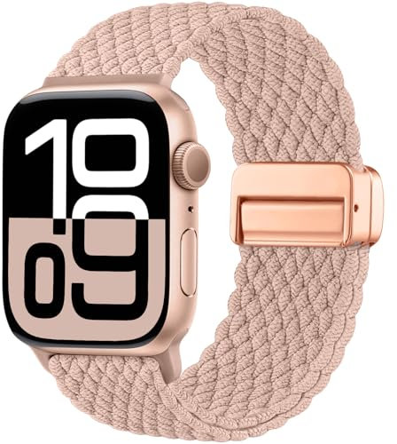 Maledan Neuestes Geflochten Armband Kompatibel mit Apple Watch Armband 40mm 41mm 38mm 42mm(Series 10), Solo Loop Nylon Magnetisch Band für iWatch Series 10 9 8 7 6 5 4 3 2 1 SE Ultra, Rosa