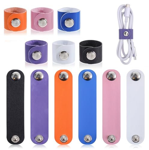 12 Stück Bunt Leder Kabel Organizer PU Leder Kabelbinder Wiederverwendbare Lederband Multifunktionale Kabelmanagement Kabelbinder für Kopfhören und USB Ladekabel Organizer