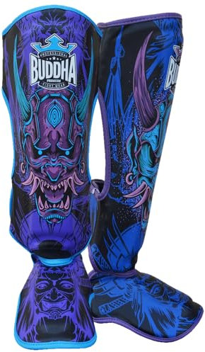 Buddha Fight Wear Schienbeinschoner für Muay Thai, MMA und Kickboxen, Modell Luzbel, hergestellt aus Kunstleder der neuesten Generation, robuste und verstärkte Nähte (Blau, S)