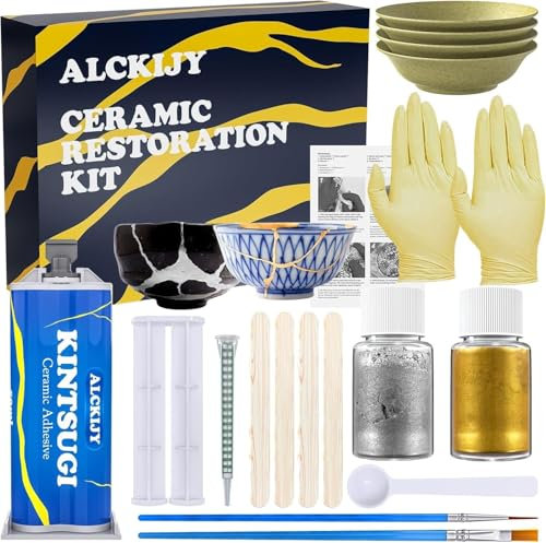 Kintsugi Kit di Riparazione Gold Upgrade-18 pezzi per Riparare le tue Ceramiche Significative i vostri oggetti significativi con facilità, perfetto per i principianti