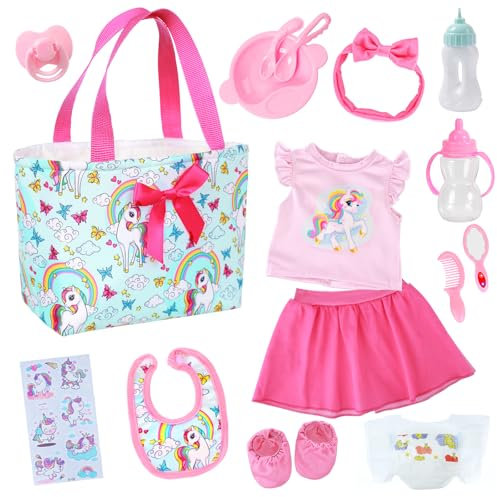 ZITA ELEMENT 15 Pcs Baby Doll Diaper Bag with Clothes and Accessories, Includes 16 Inch Girl Doll Clothes, Bottles, Pacifier, Bib, Diaper(No Doll)