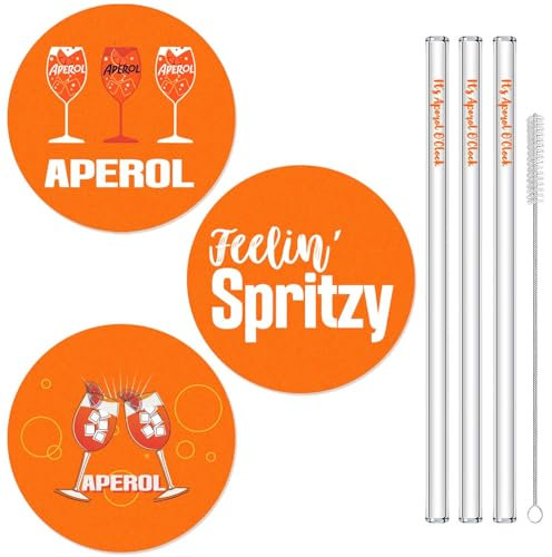 KKSJK Aperol Geschenk, 6er Set Aperol Spritz Accessoires mit 3 Aperol Untersetzer Rund 10cm und 3 Aperol Glas Strohhalme, Aperol Geschenkset für Mann, Frauen, Kollegen, Freunde, Aperol-Fans (Filz)