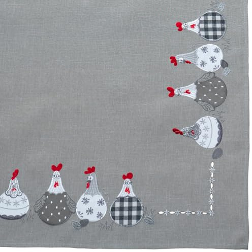 matches21 HOME & HOBBY Tischdecke Tami 85 x 85 cm mit witziger Hühnerstickerei grau Landhausstil & pflegeleicht Polyester
