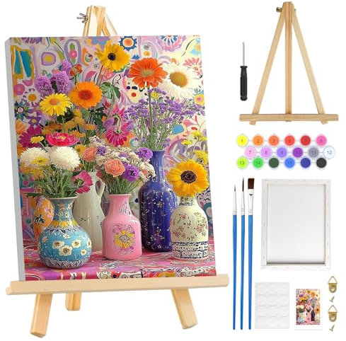 MOGTAA Fleurs Paysage Peinture Numero Enfant Adulte avec Cadre, Fleurs Peinture par Numero Adulte avec Chevalet, DIY Numéro d'Art Kits, Loisirs Créatifs Adultes, pour décoration, 20x30cm