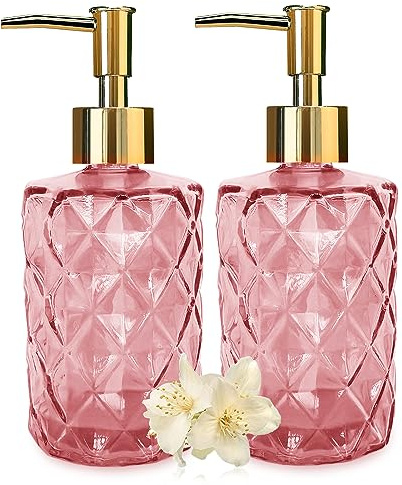 AstraLoom Elegantes 2X330 ml Glas-Seifenspender mit Rautenmuster und Kunststoffpumpen, ideal für Lotionen, ätherische Öle und Flüssigseifen in Bad und Küche (Pink)