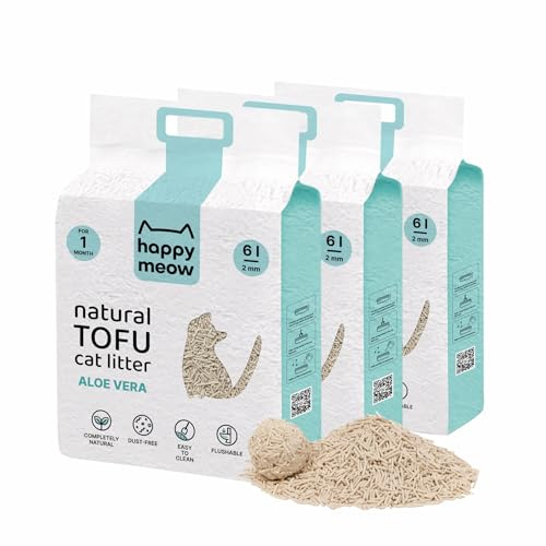 HAPPY MEOW Tofu-Katzenstreu für Katzen (18L/7,5Kg) - Natürlich und biologisch abbaubar - Sofort klumpend, staubarm, langanhaltende Geruchskontrolle, ultra absorbierend, abbaubar im Abwasser (Aloe Vera