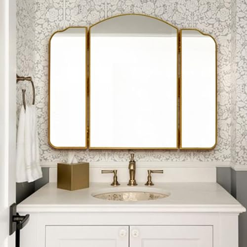 Jcgly Vintage Kosmetikspiegel fürs Badezimmer, Badezimmerspiegel Dreifach Klappbarer Spiegel, Wandspiegel mit Edelstahlrahmen(Gold,90x60cm)