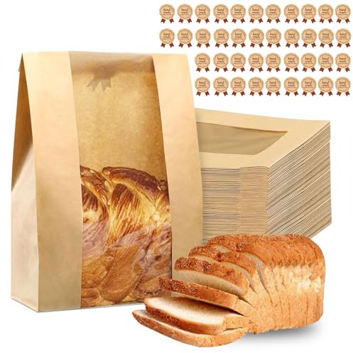Bread Bags with Window, 40 Pcs Sourdough Bread Bag, 13.7x8.2x3.5 in Paper Bags For Breads Kraft Paper Bakery Bag with Sealing Stickers for Homemade Breads Storage
