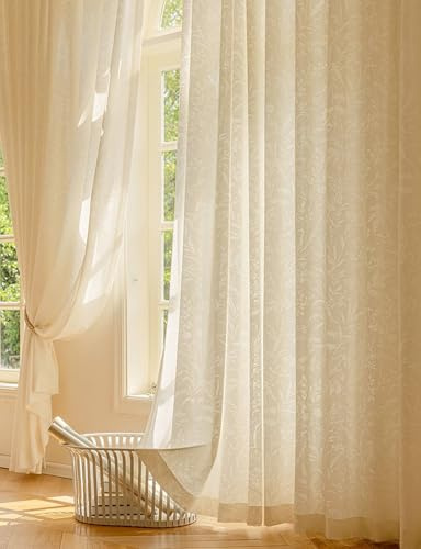 Stfery Vorhänge mit Ösen Jugendzimmer Halbtransparent Beige Creme, Gardine Klassisch Jacquard Blumenwiesenmuster Ösenschals Schlafzimmer Wohnzimmer 2er Set, B96 x H115 cm x 1pcs