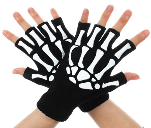 Bremorou Guanti da scheletro neri, senza dita, per Halloween, carnevale, unisex, per adulti e bambini