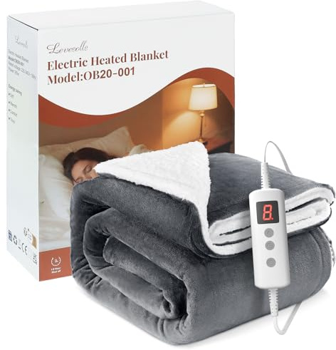 Levesolls Heizdecke 160 x 130 cm Heizdecke mit Abschaltautomatik 9 Timer-Stufen & 10 Temperaturstufen LED-Display Flanell + Lammfell Maschinenwaschbar Schnelles Aufheizen-Dunkelgrau