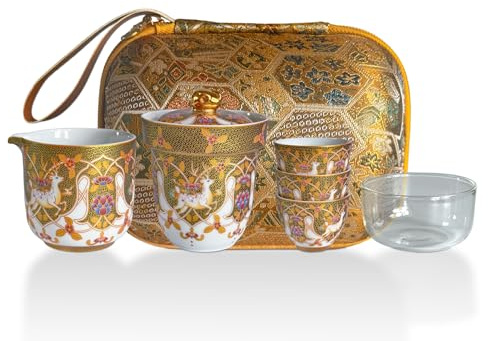 Japanisches Teeservice aus Emaille mit Hirschmuster und goldfarbenem Akzent, stapelbare Matcha-Teetassen und Teekanne, tragbares Reise-Set mit eleganter Tragetasche