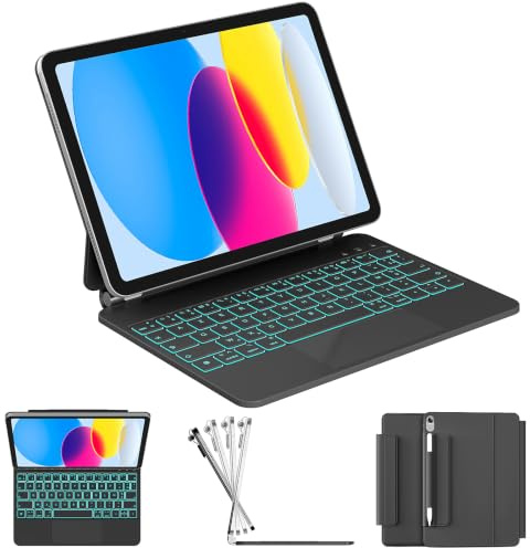 RAYMCRAFT für iPad (A16) 11th 2025/10th Generation Hülle mit Tastatur | 11-Farben-Hintergrundbeleuchtung, Multi-Touch Trackpad, Magnet‑Schwebhalter, Stifthalter, QWERTZ Layout, Schwarz