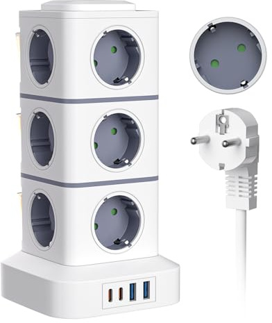 VIYSPNV Steckdosenturm Steckdosenleiste 12 Steckdosen Mehrfachsteckdose mit 2 USB-A 2 USB-C 5V/3A 2500W 3Meter Verlängerungskabel Überspannungsschutz Überlastschutz für Büro Zuhause Tisch Gaming
